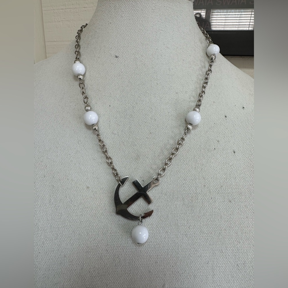 Silvertone chain and white bead nautical vibe necklace
